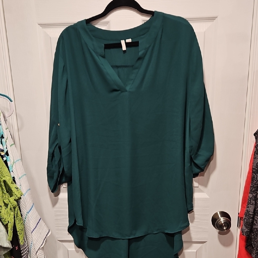 Cato Teal Split-Neck Roll-Sleeve Blouse